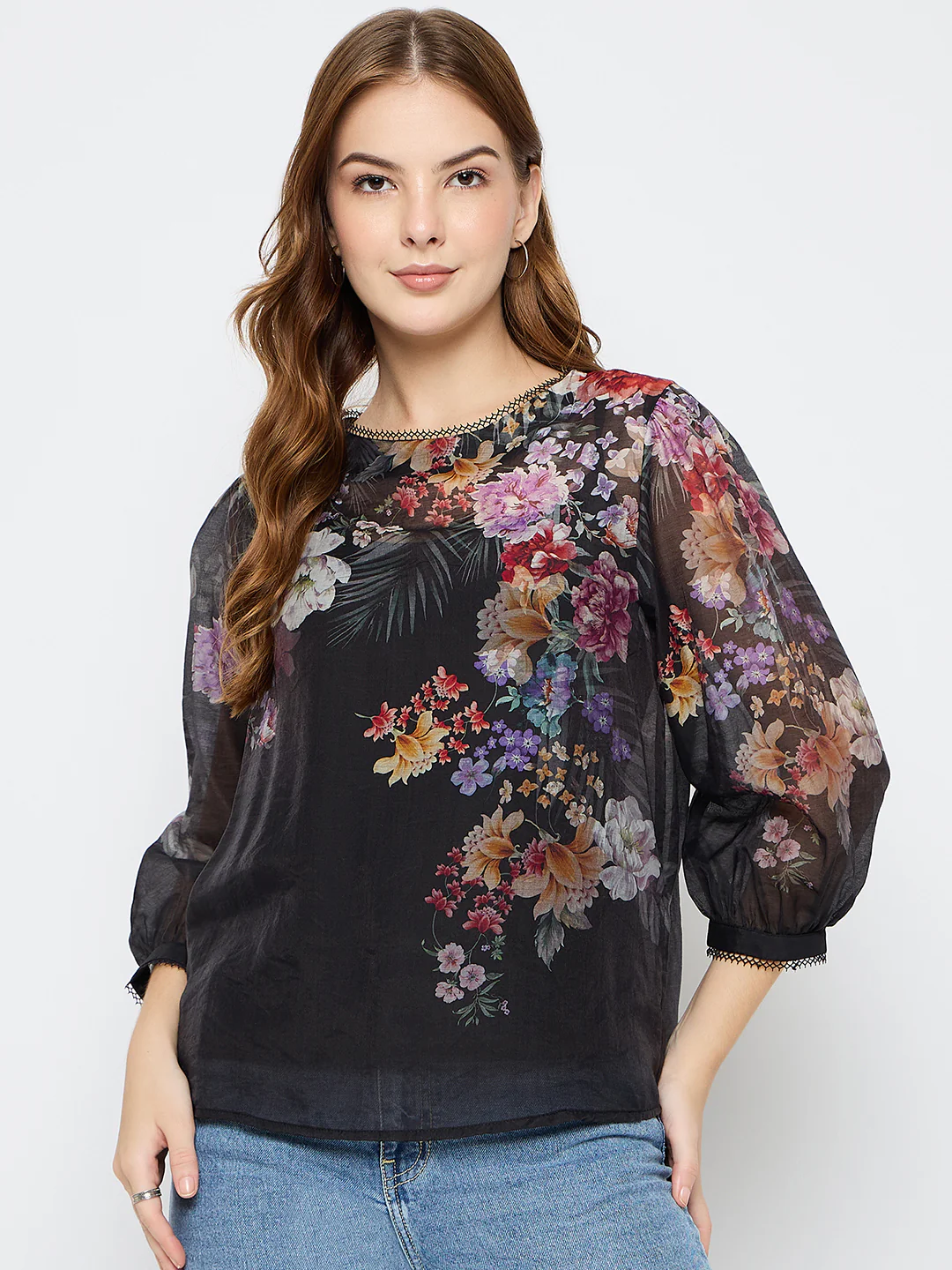 Madame Floral Print Tencel Blend Black Top - Image 3