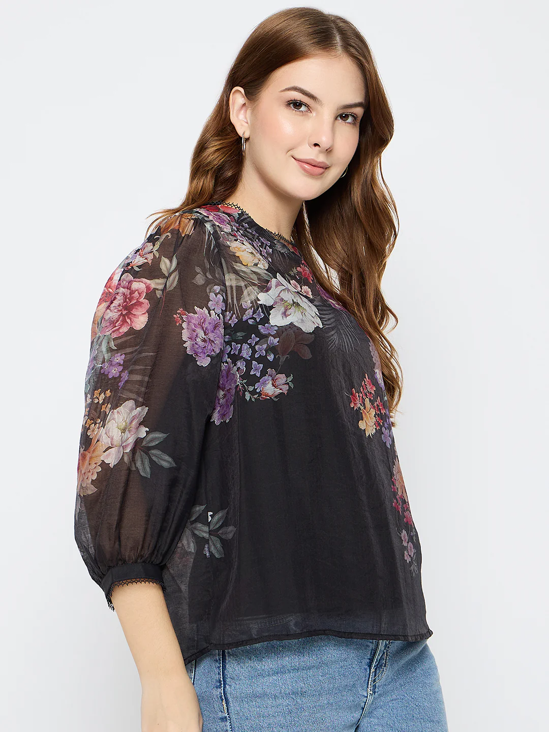 Madame Floral Print Tencel Blend Black Top - Image 4
