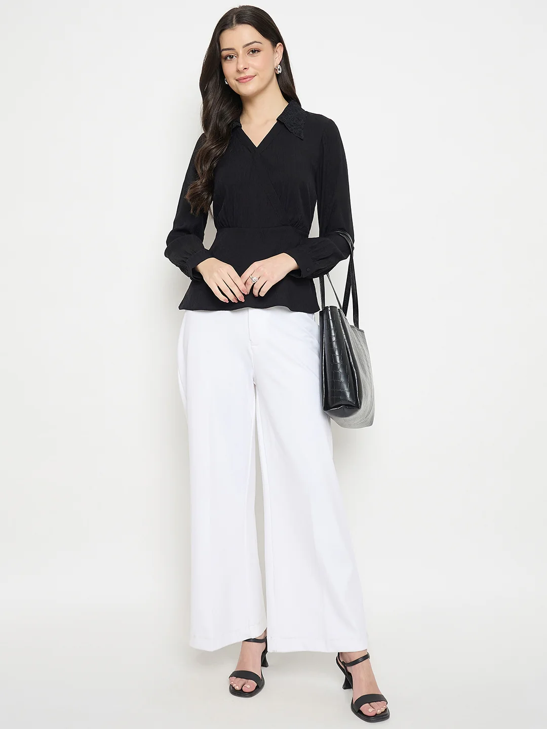 Madame Black Rayon Blend Peplum Shirt Top - Image 3