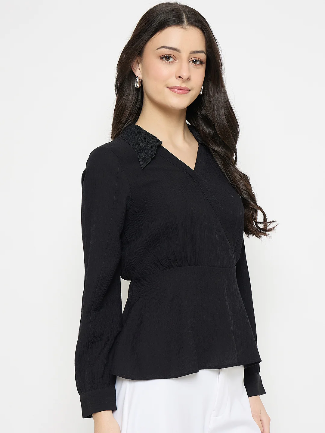 Madame Black Rayon Blend Peplum Shirt Top - Image 4