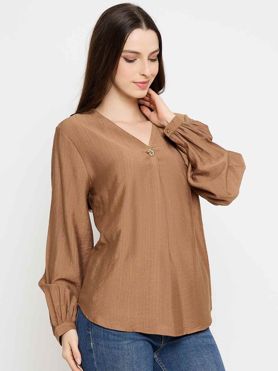 Madame Gold Button Detail Chocolate Brown Top - Image 4