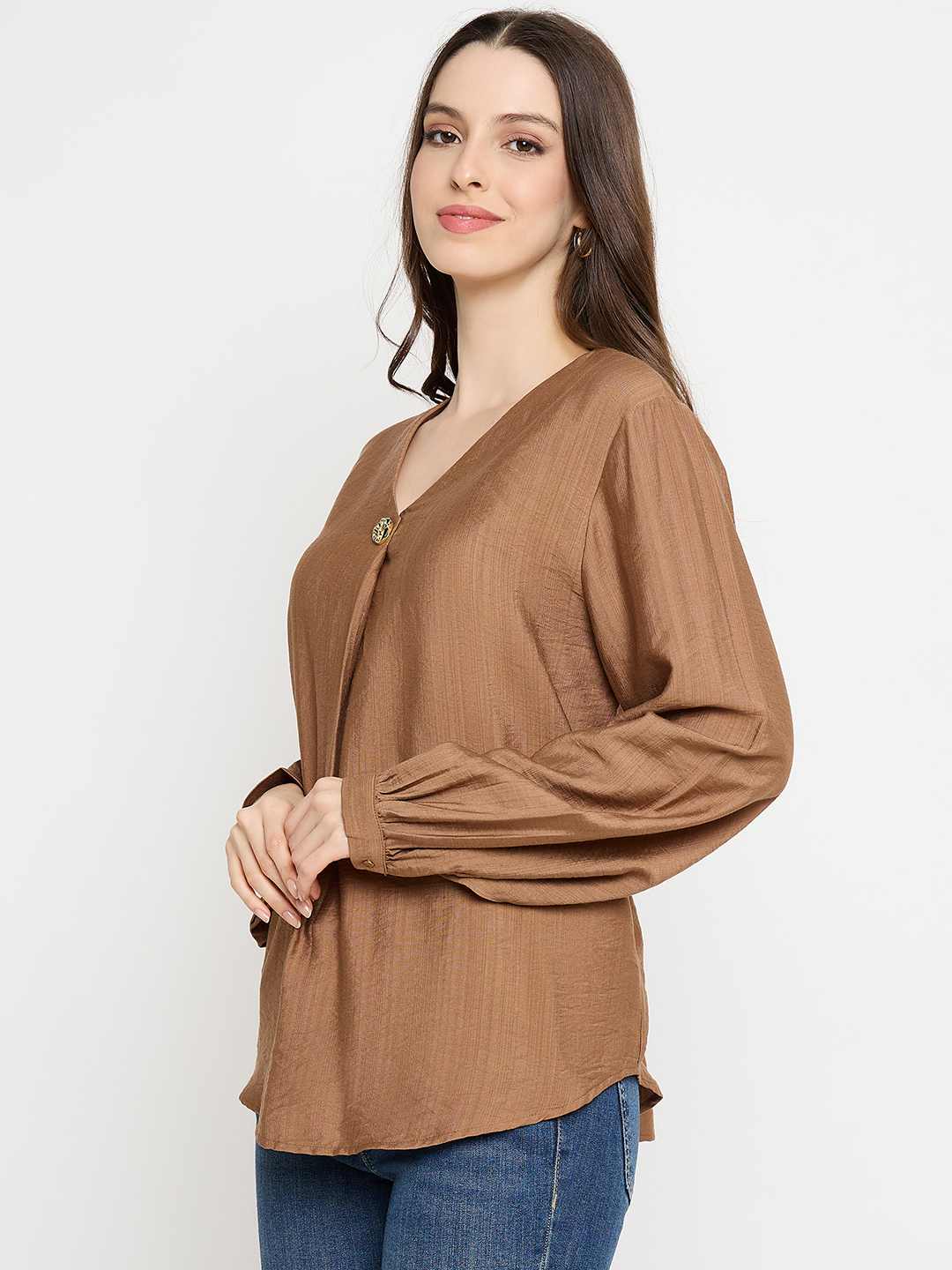 Madame Gold Button Detail Chocolate Brown Top - Image 5