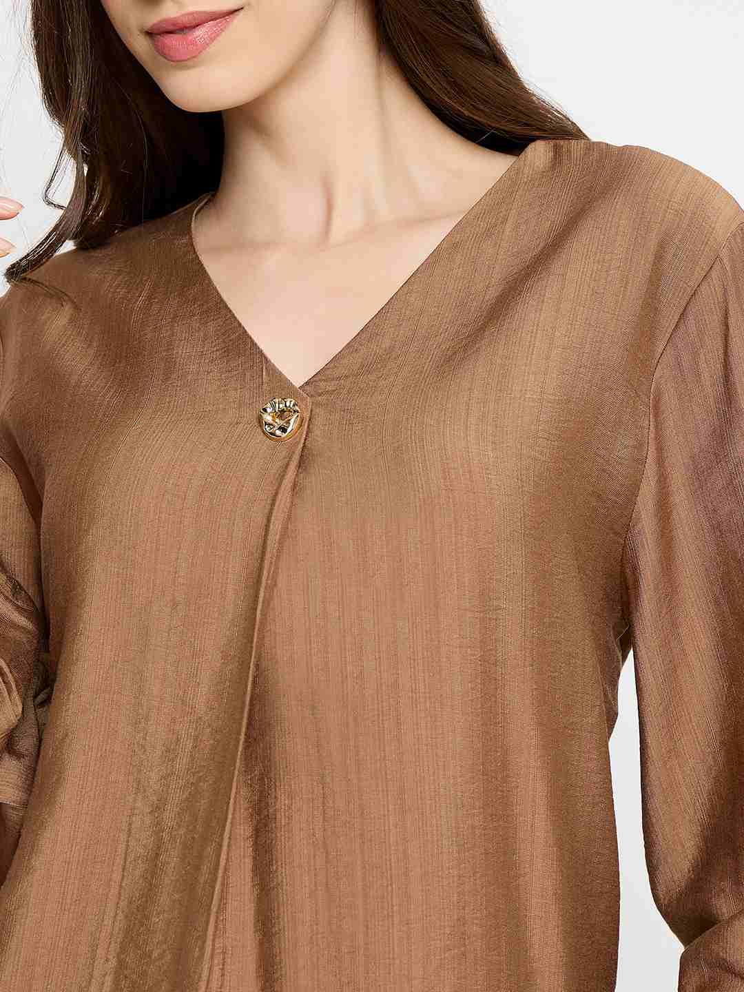 Madame Gold Button Detail Chocolate Brown Top - Image 7