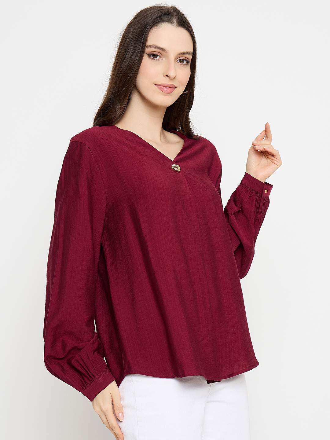 Madame Gold Button Detail Maroon Top - Image 4
