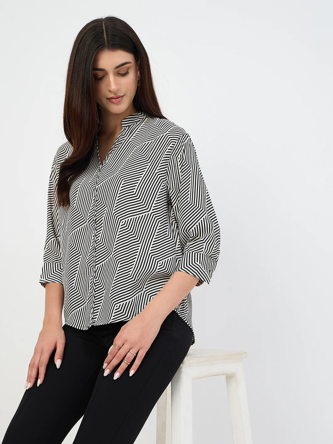 Madame Black V-Neck Printed Cotton Top - Image 3
