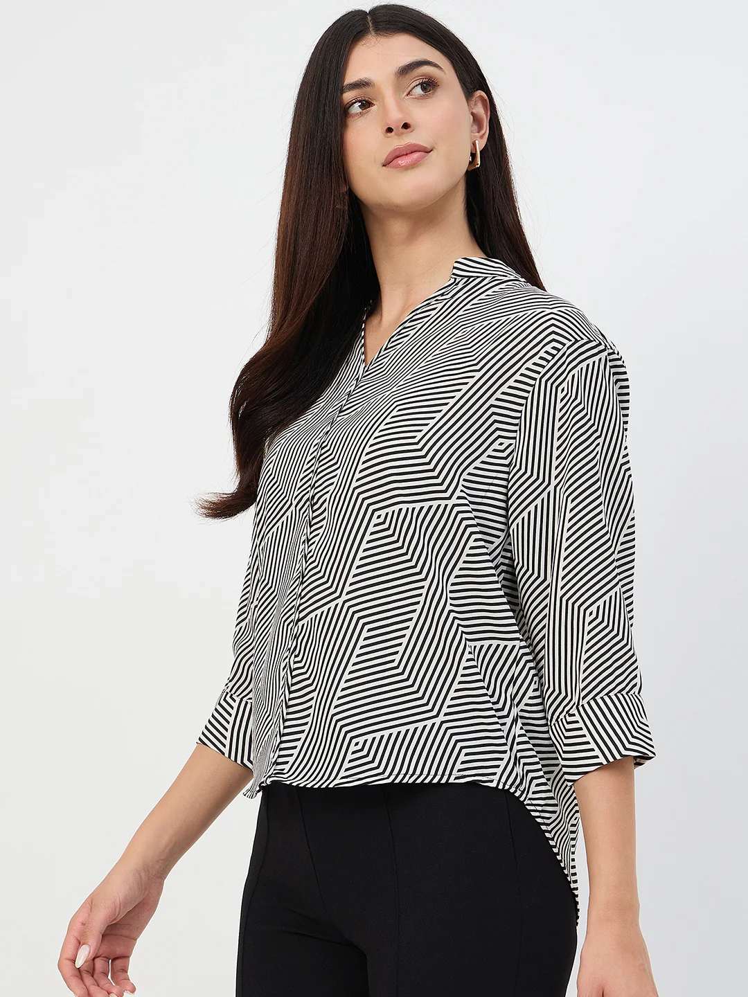 Madame Black V-Neck Printed Cotton Top - Image 5