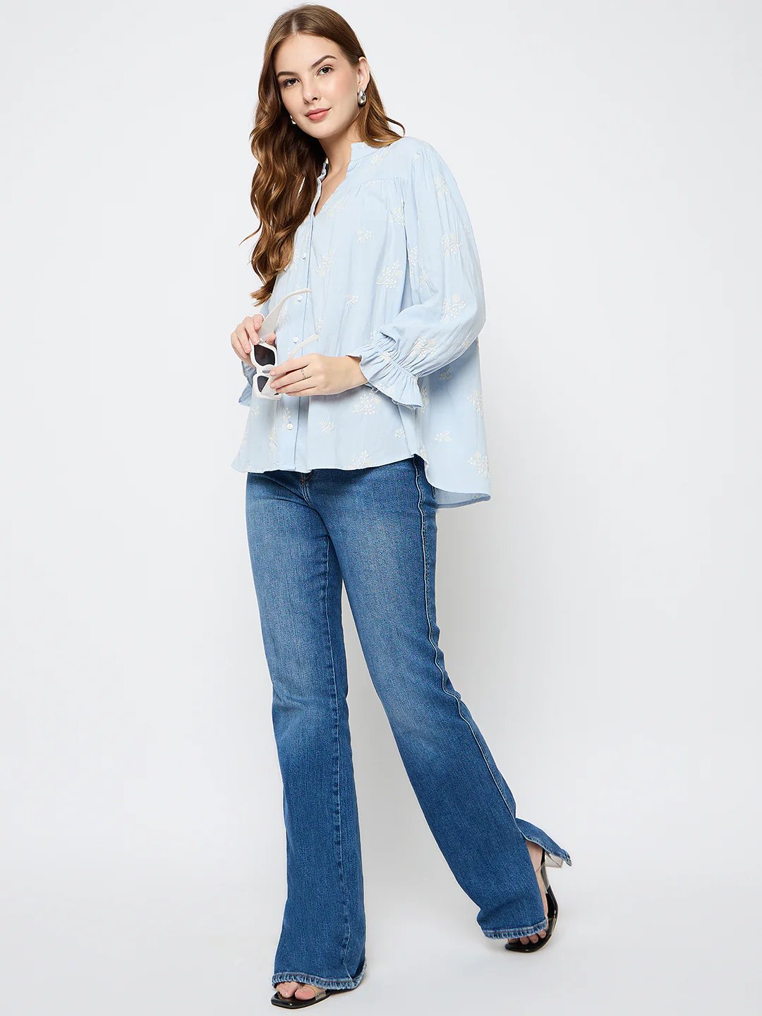 Madame Floral Print Cotton Blend Powder Blue Top - Image 2