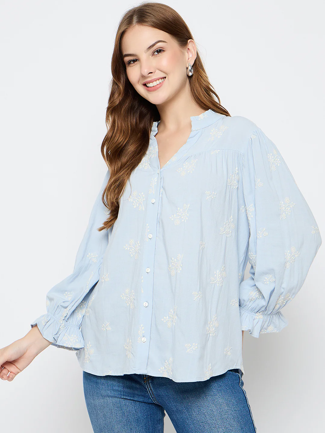 Madame Floral Print Cotton Blend Powder Blue Top - Image 3