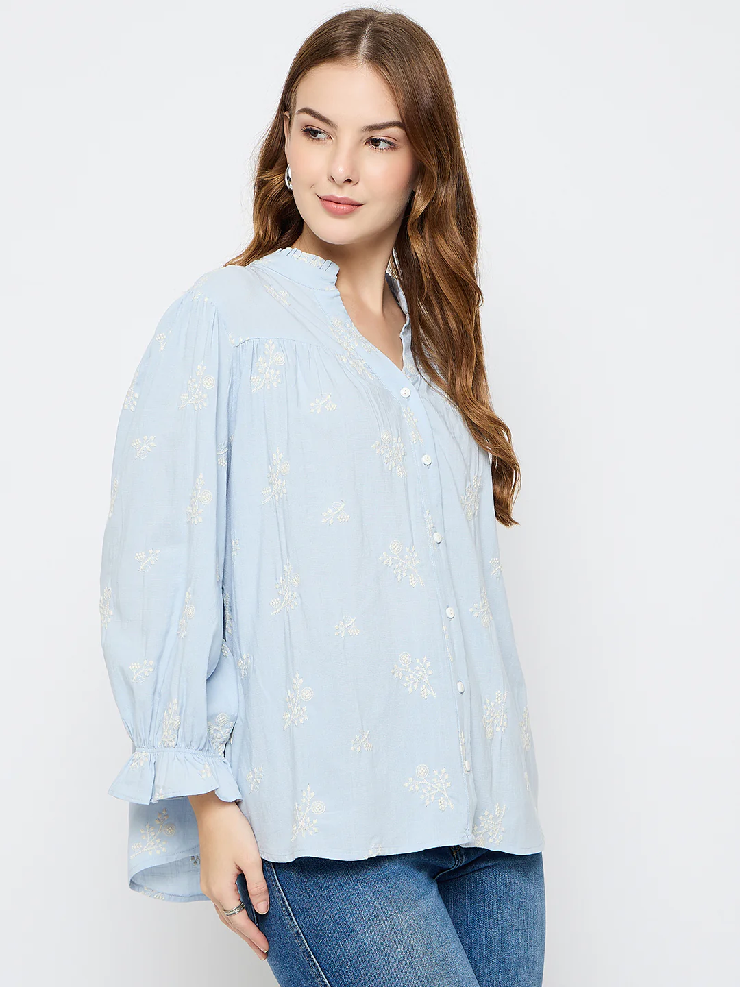 Madame Floral Print Cotton Blend Powder Blue Top - Image 4