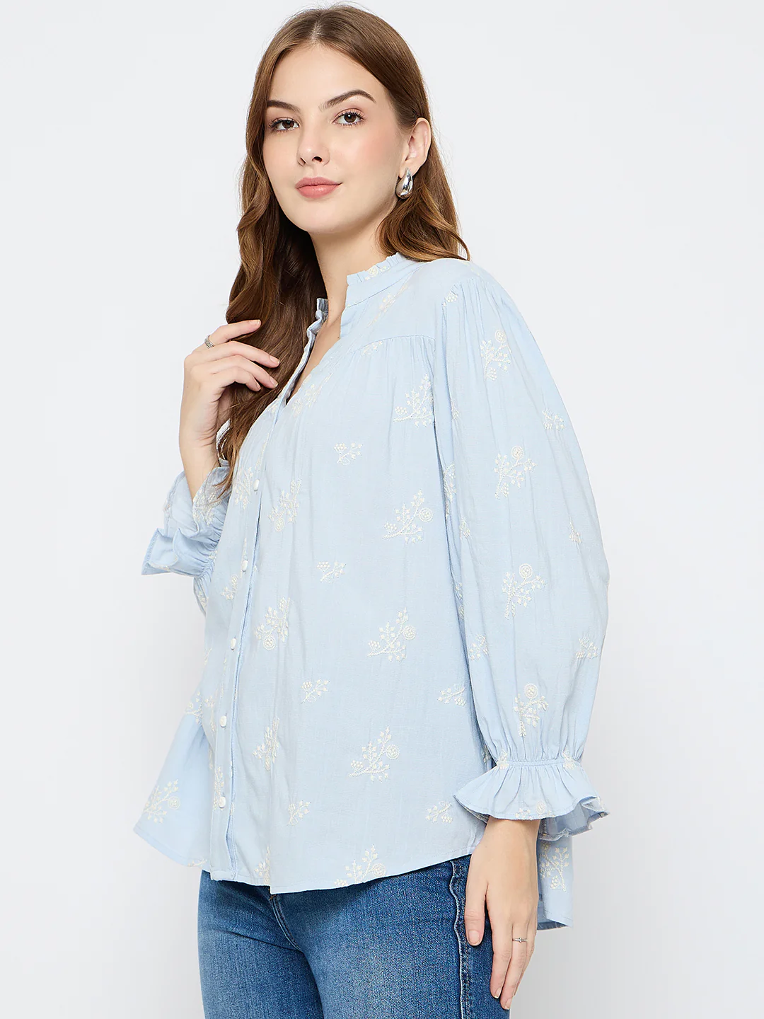 Madame Floral Print Cotton Blend Powder Blue Top - Image 5