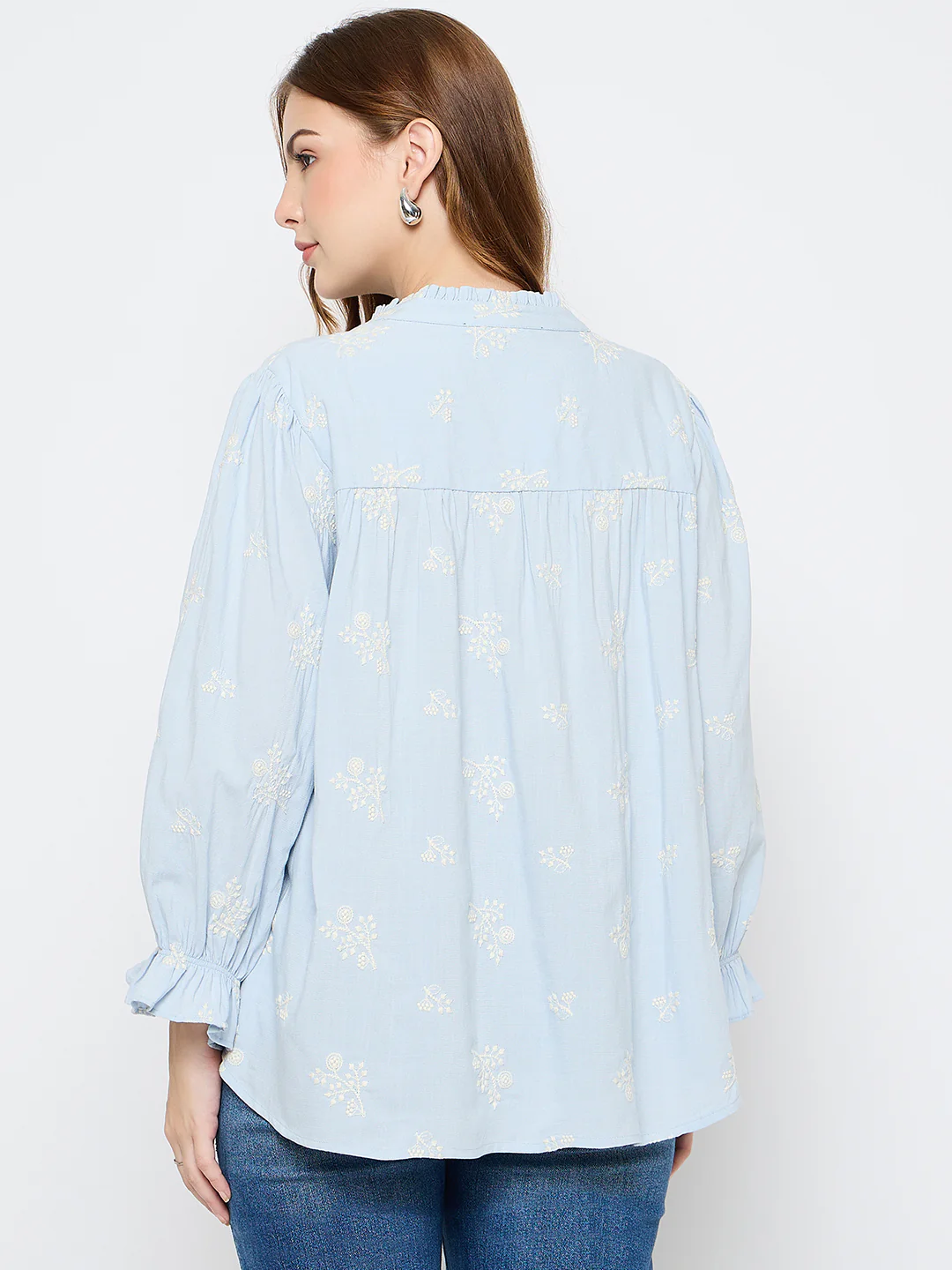 Madame Floral Print Cotton Blend Powder Blue Top - Image 6