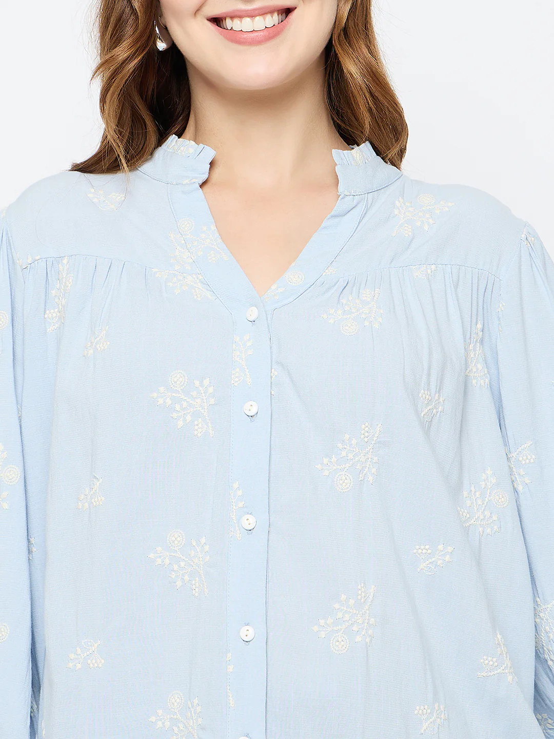 Madame Floral Print Cotton Blend Powder Blue Top - Image 7