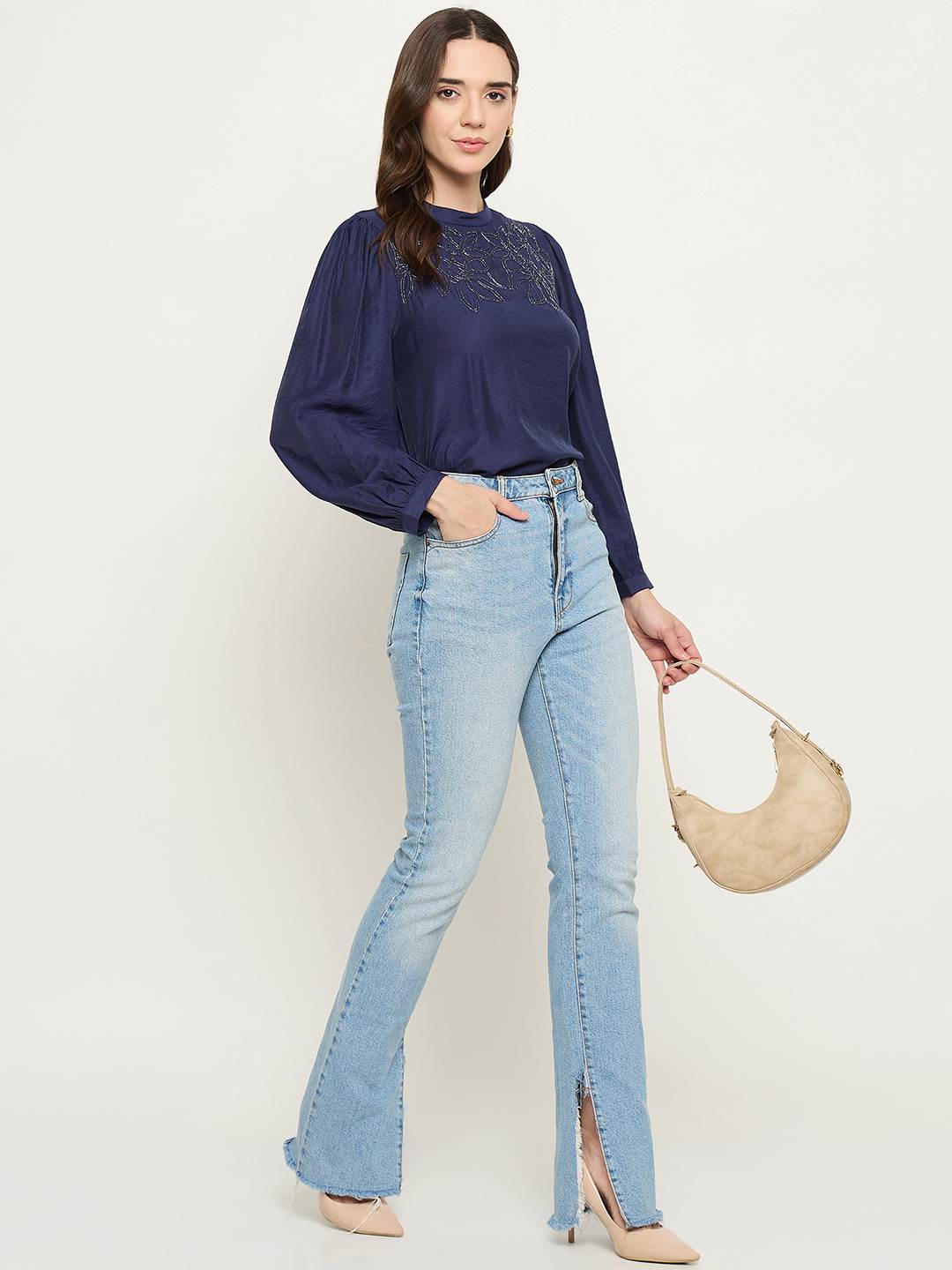 Madame Blue Rayon Blend Puff Sleeve Top - Image 2