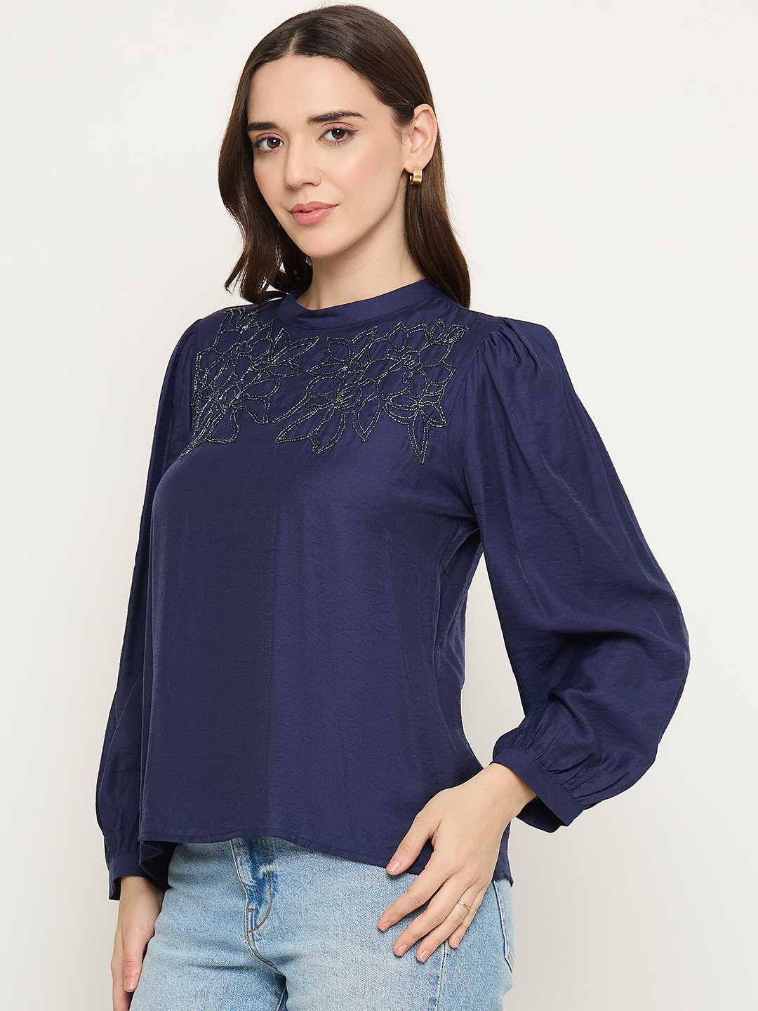 Madame Blue Rayon Blend Puff Sleeve Top - Image 5