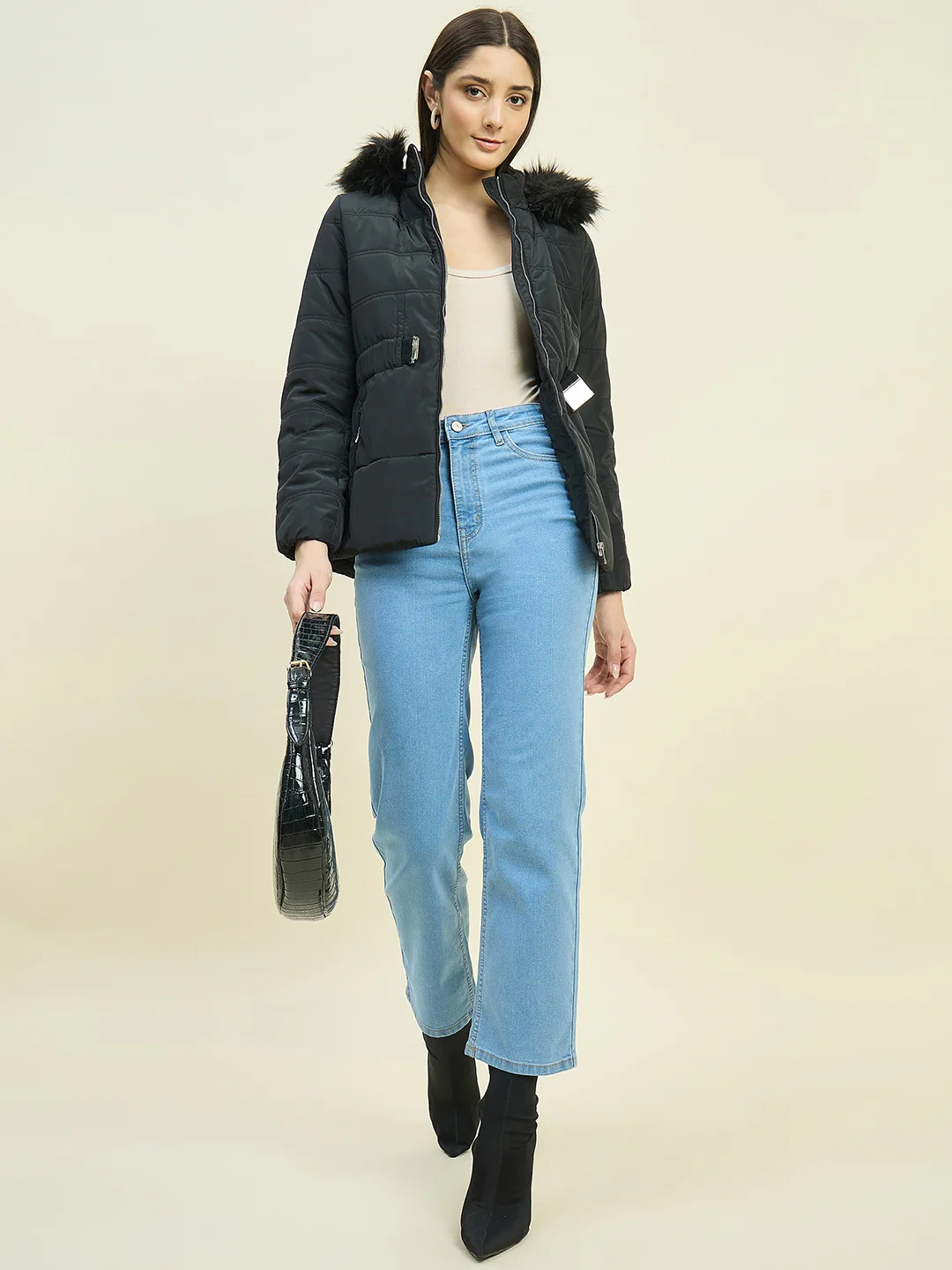 Madame Black Quilted Jacket with Faux Fur Hood - Image 2