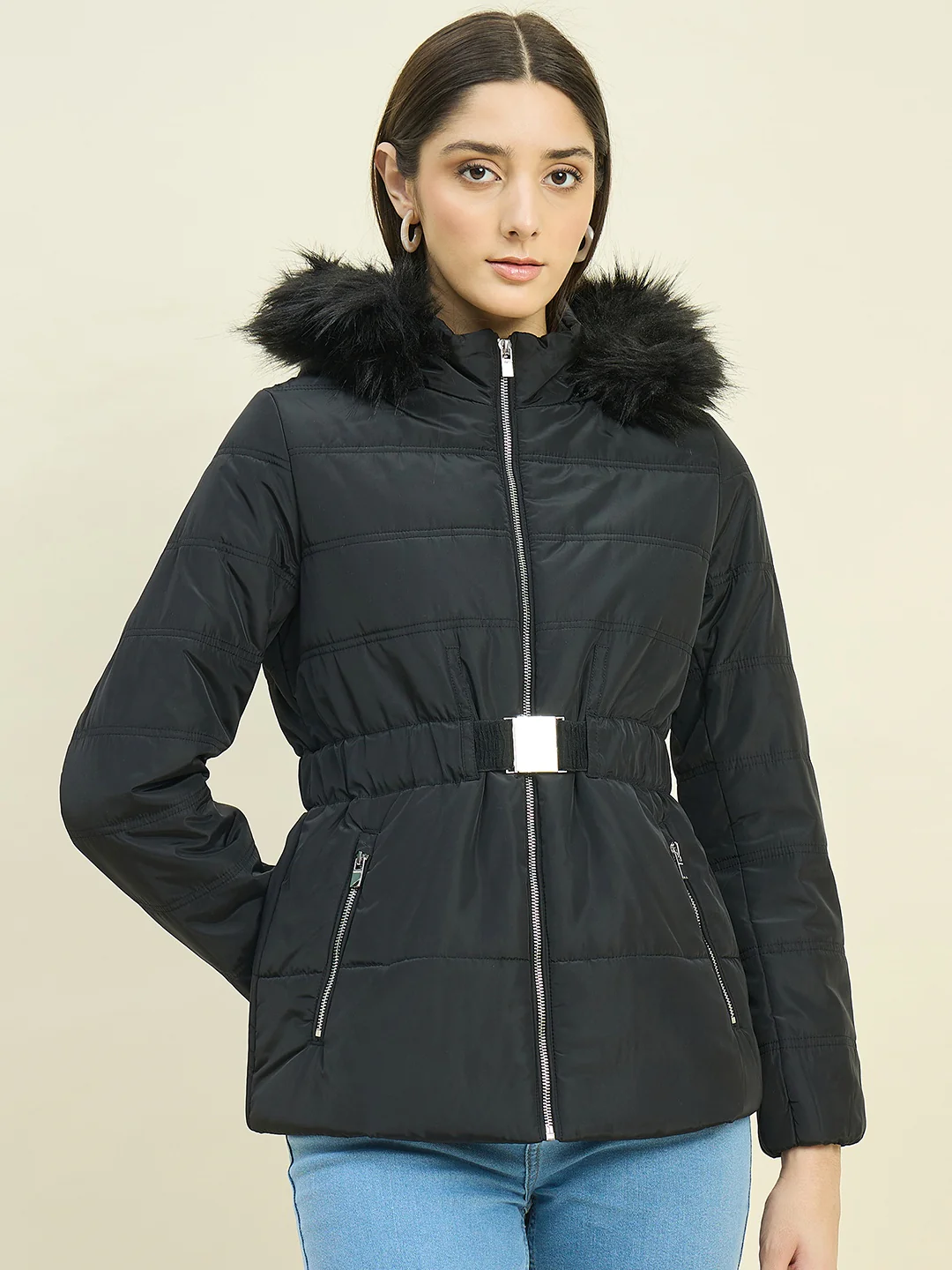 Madame Black Quilted Jacket with Faux Fur Hood - Image 3