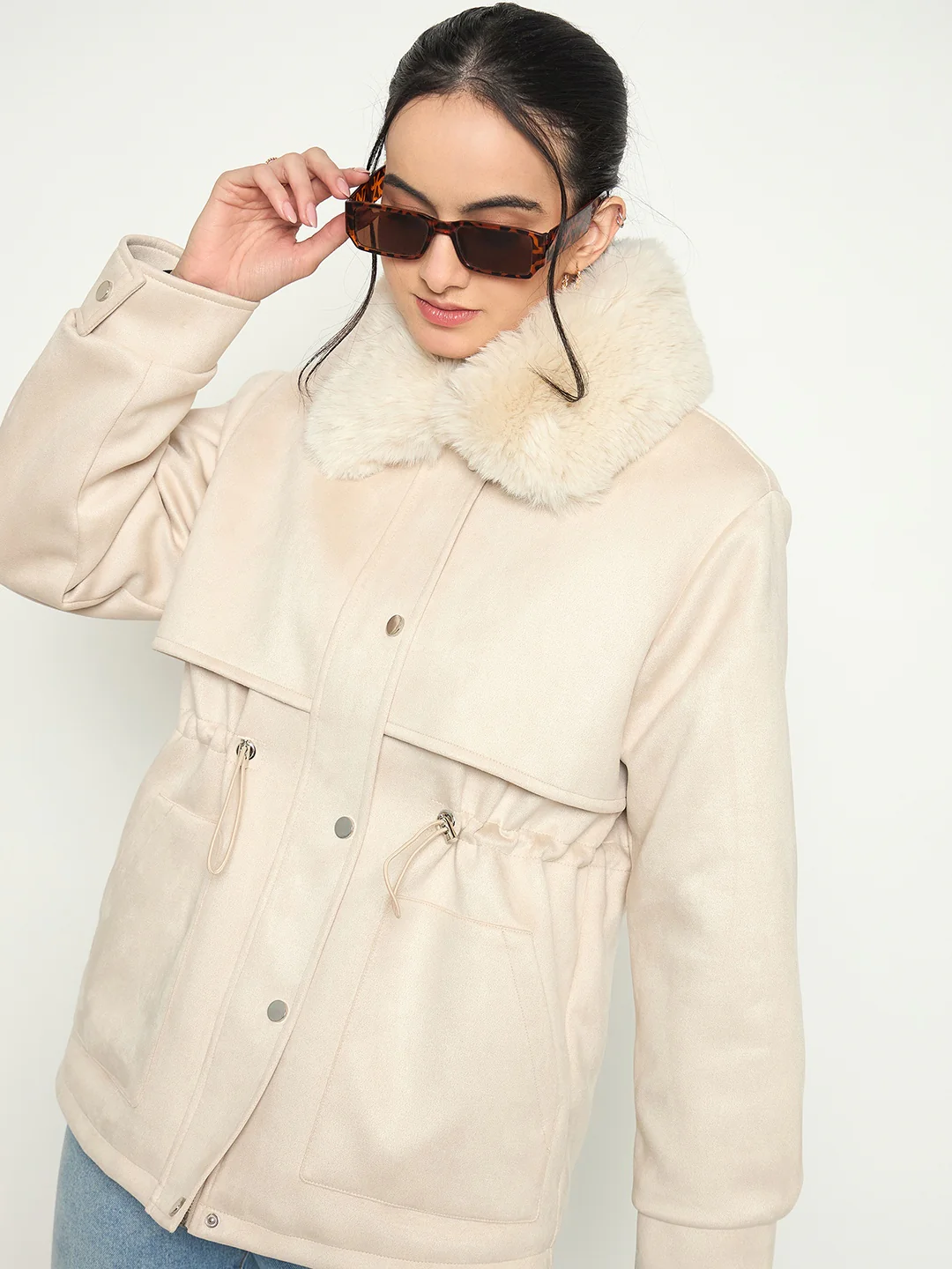 Madame Faux Fur Collar Beige Jacket - Image 2