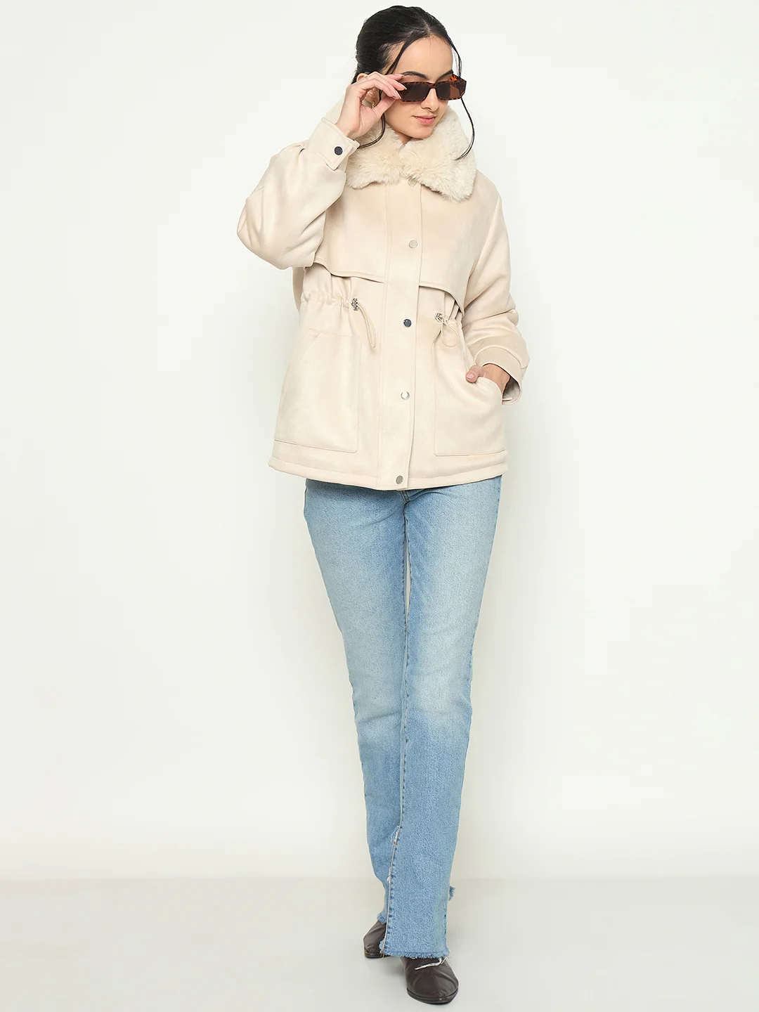 Madame Faux Fur Collar Beige Jacket - Image 3