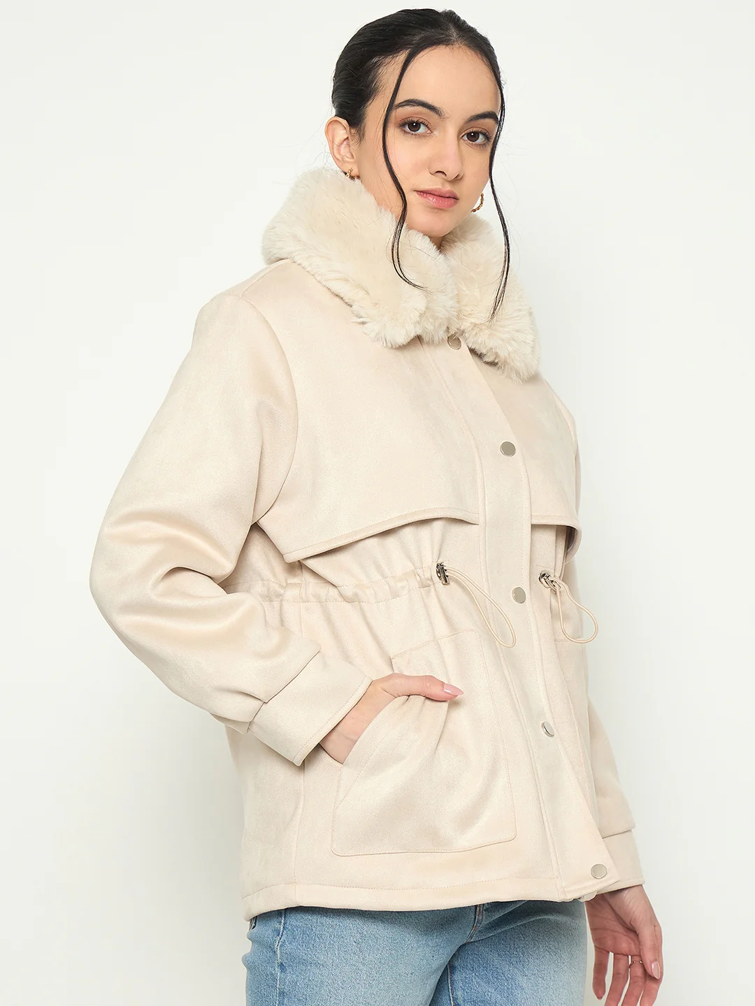 Madame Faux Fur Collar Beige Jacket - Image 4
