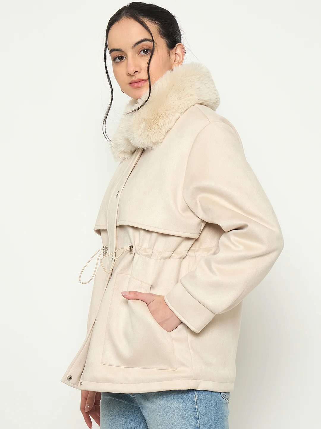Madame Faux Fur Collar Beige Jacket - Image 5