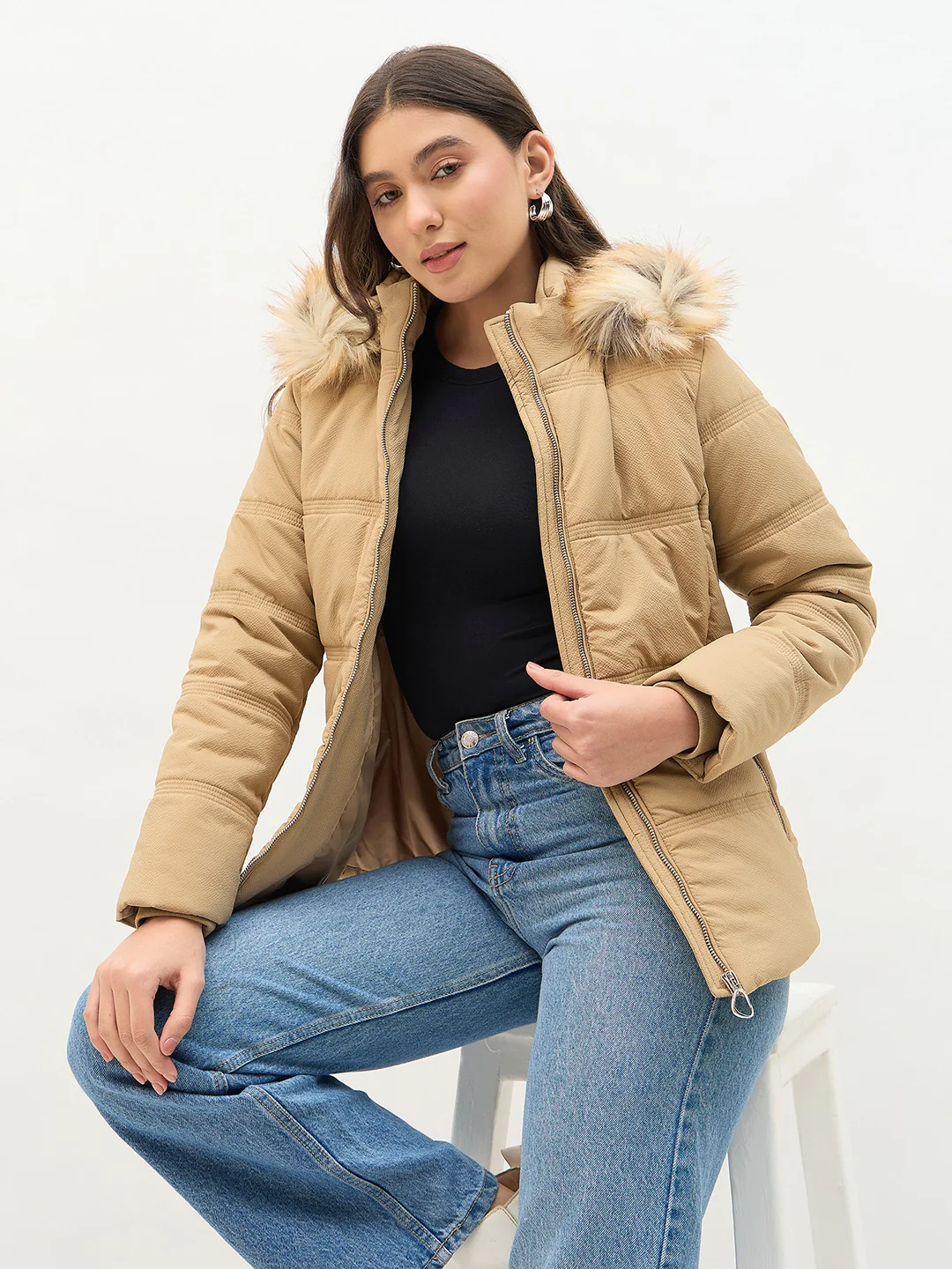 Madame Faux Fur Khaki Puffer Jacket - Image 2