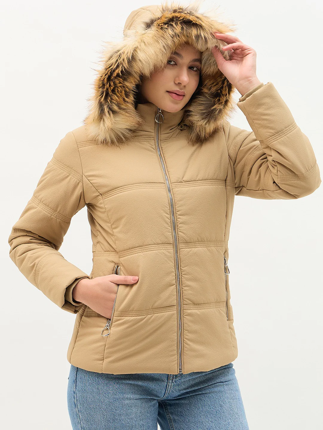 Madame Faux Fur Khaki Puffer Jacket - Image 5