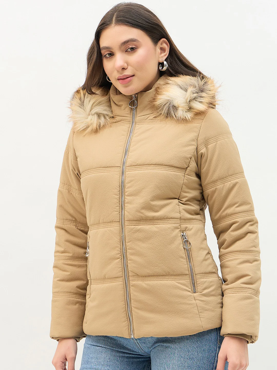 Madame Faux Fur Khaki Puffer Jacket - Image 6