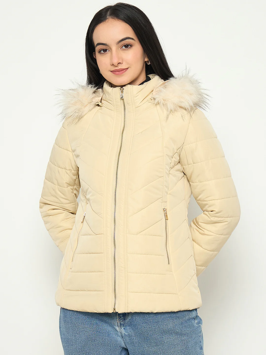 Madame Detachable Faux Fur Hood Beige Quilted Jacket