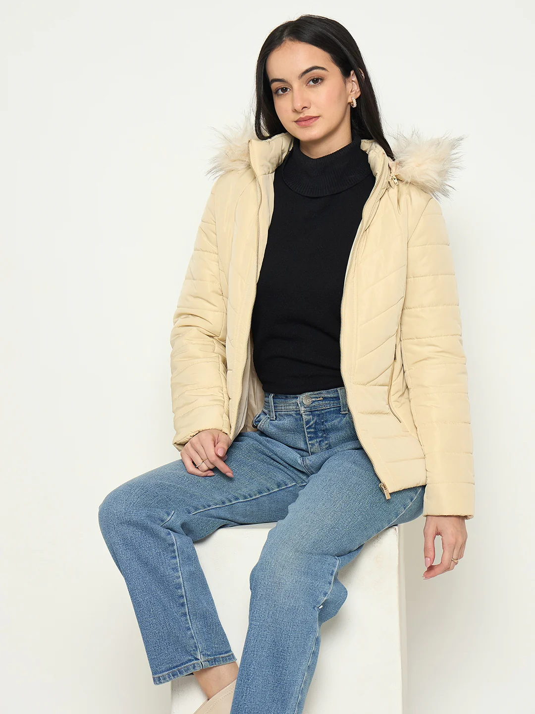 Madame Detachable Faux Fur Hood Beige Quilted Jacket - Image 2