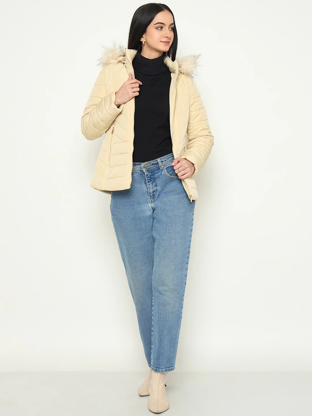 Madame Detachable Faux Fur Hood Beige Quilted Jacket - Image 3