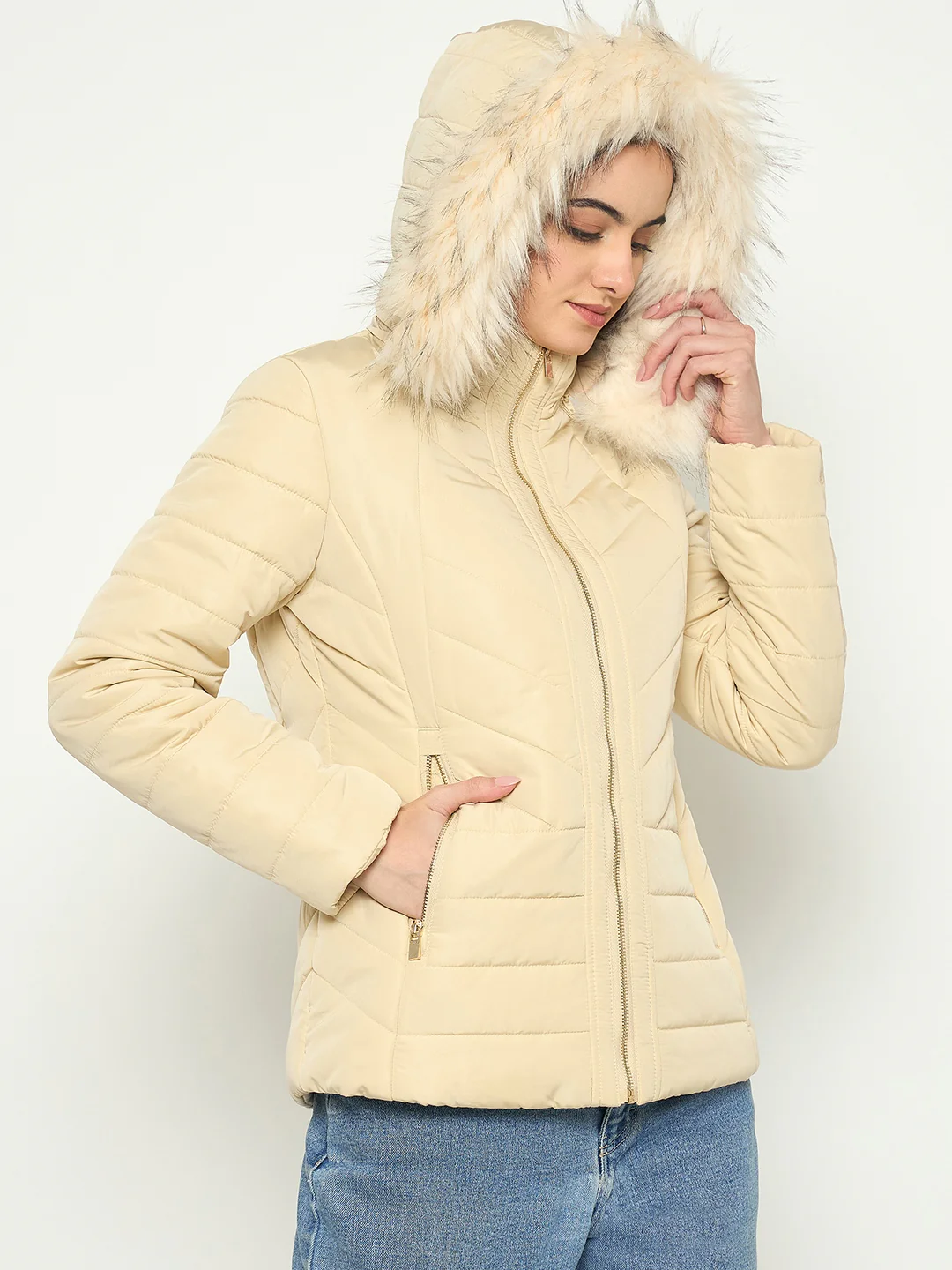 Madame Detachable Faux Fur Hood Beige Quilted Jacket - Image 4