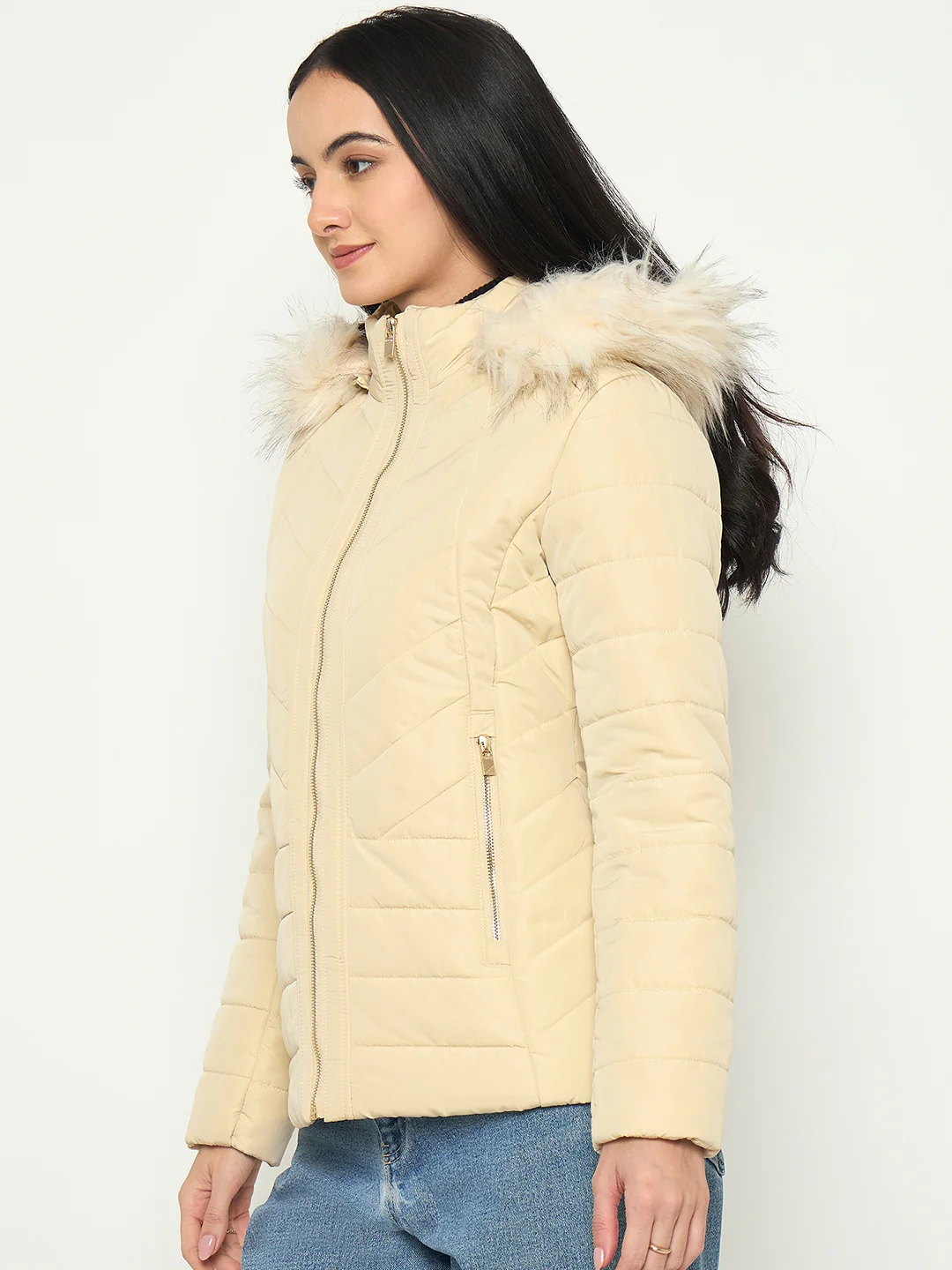 Madame Detachable Faux Fur Hood Beige Quilted Jacket - Image 5
