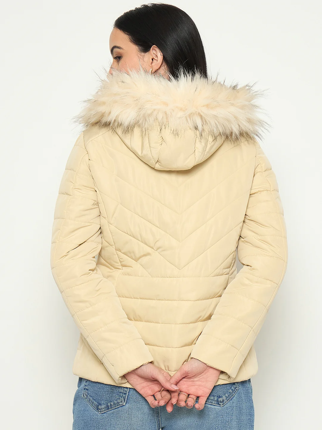 Madame Detachable Faux Fur Hood Beige Quilted Jacket - Image 6