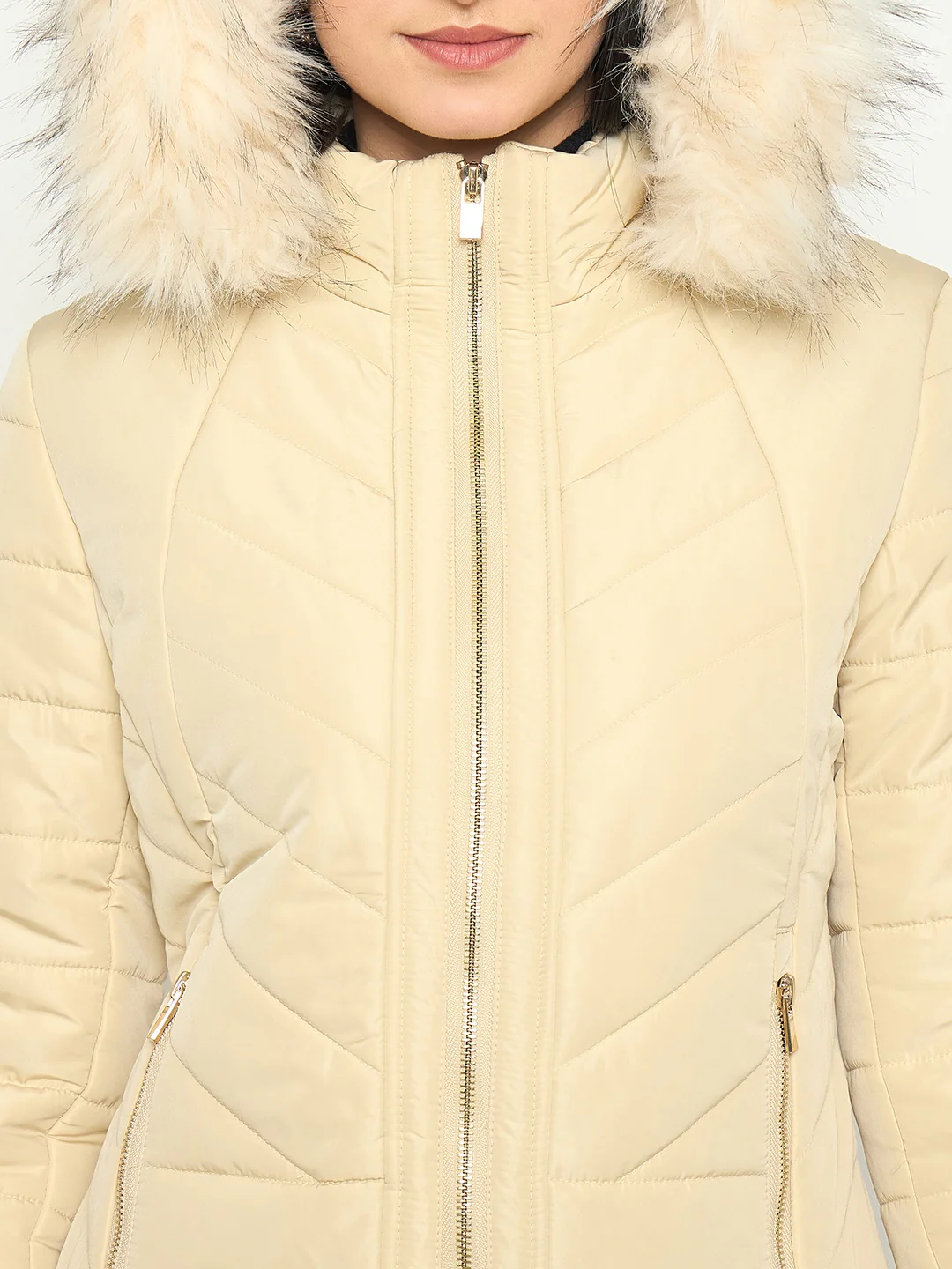 Madame Detachable Faux Fur Hood Beige Quilted Jacket - Image 7