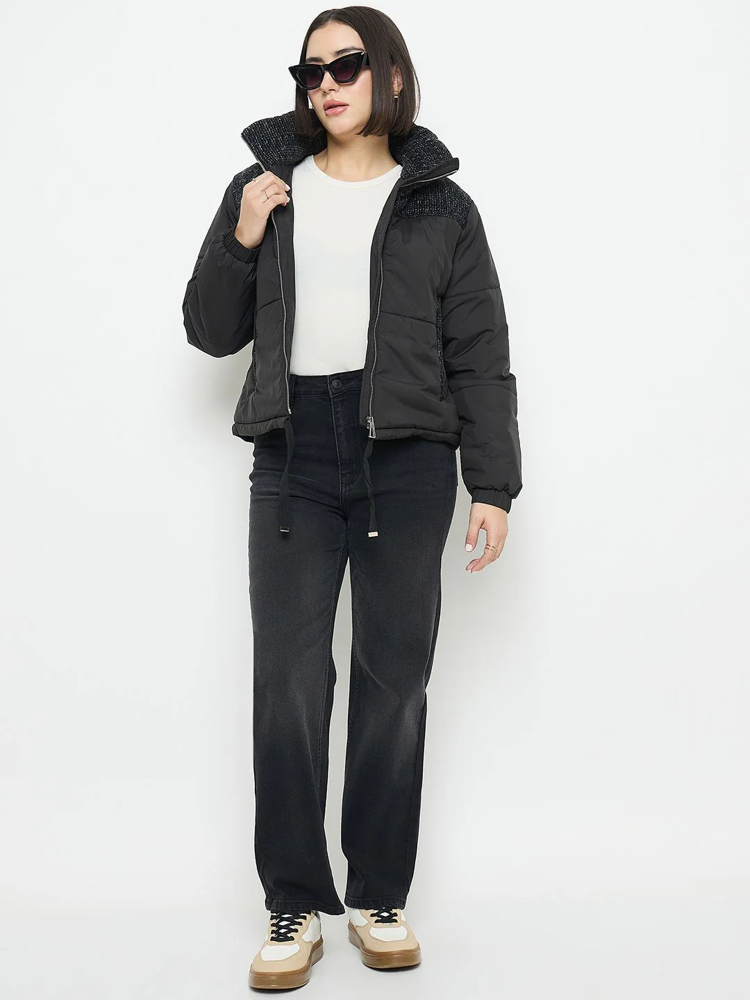 Madame Black Quilted Crop Jacket - Image 2