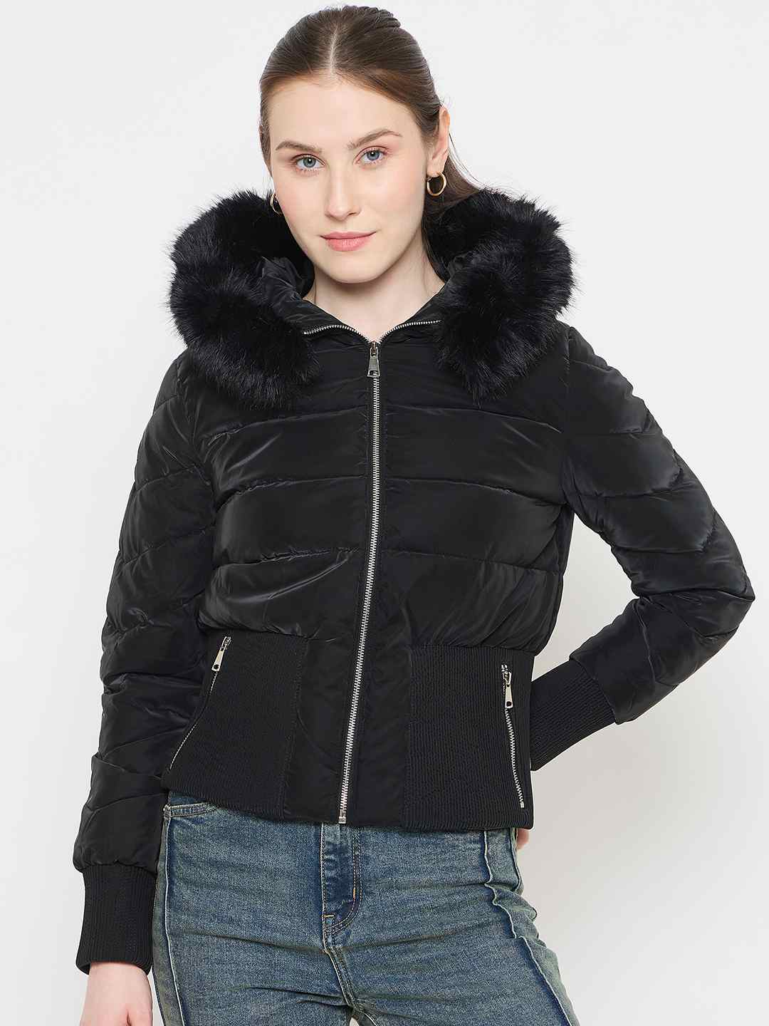 Madame Faux Fur Hood Black Puffer Jacket