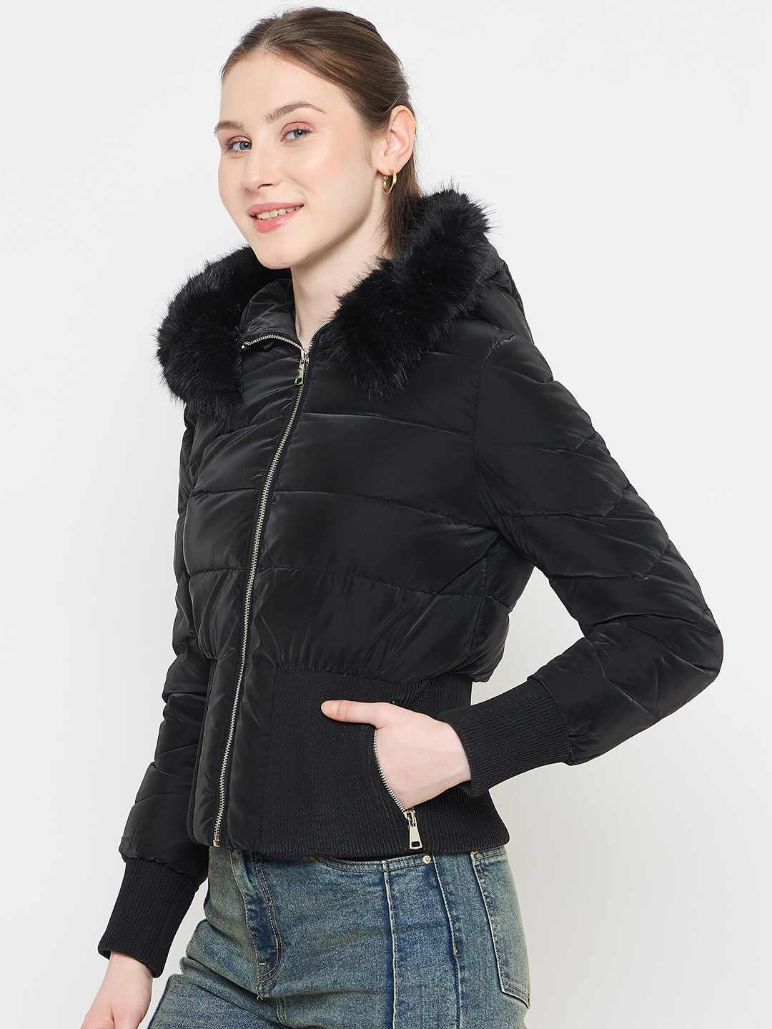 Madame Faux Fur Hood Black Puffer Jacket - Image 4