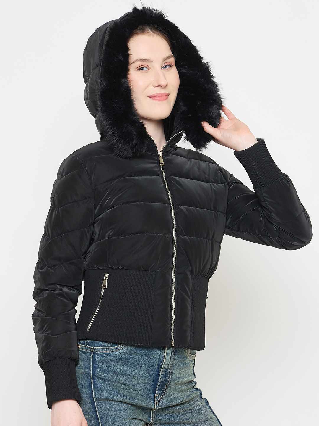 Madame Faux Fur Hood Black Puffer Jacket - Image 5
