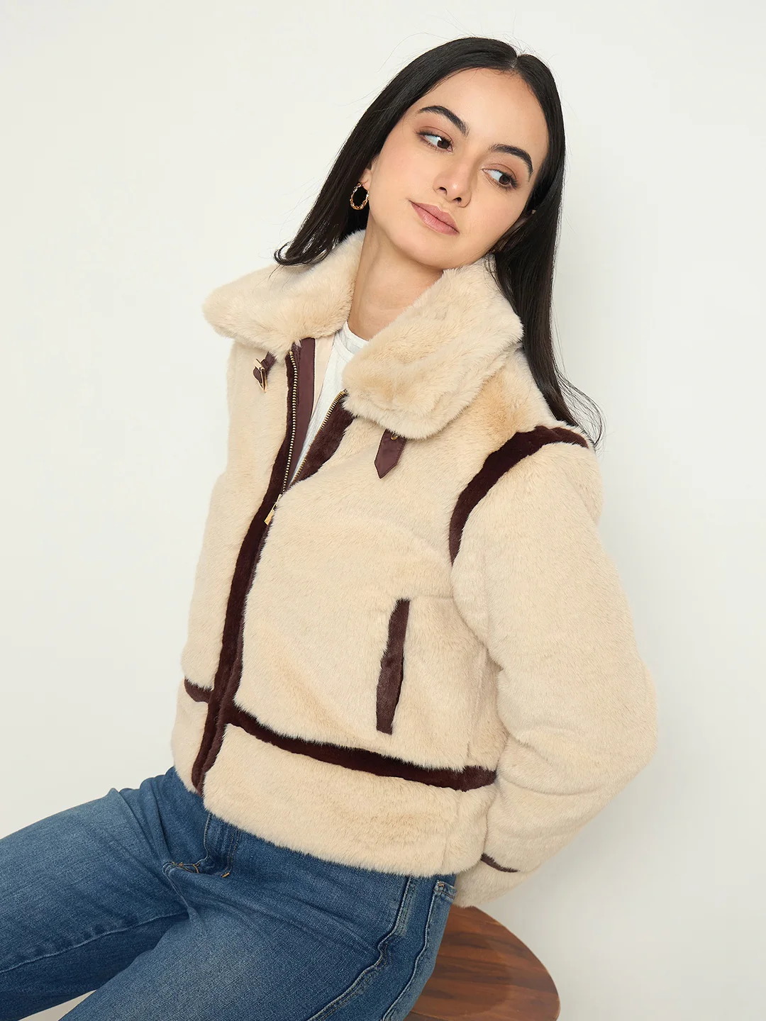 Madame Faux Fur Trim Beige Jacket with Contrast Seasms - Image 2