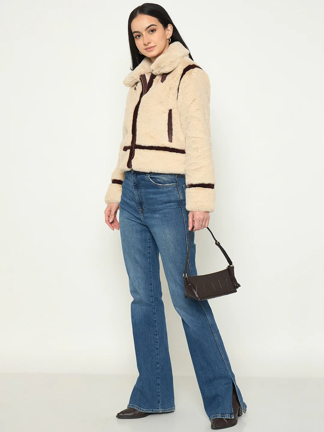 Madame Faux Fur Trim Beige Jacket with Contrast Seasms - Image 3