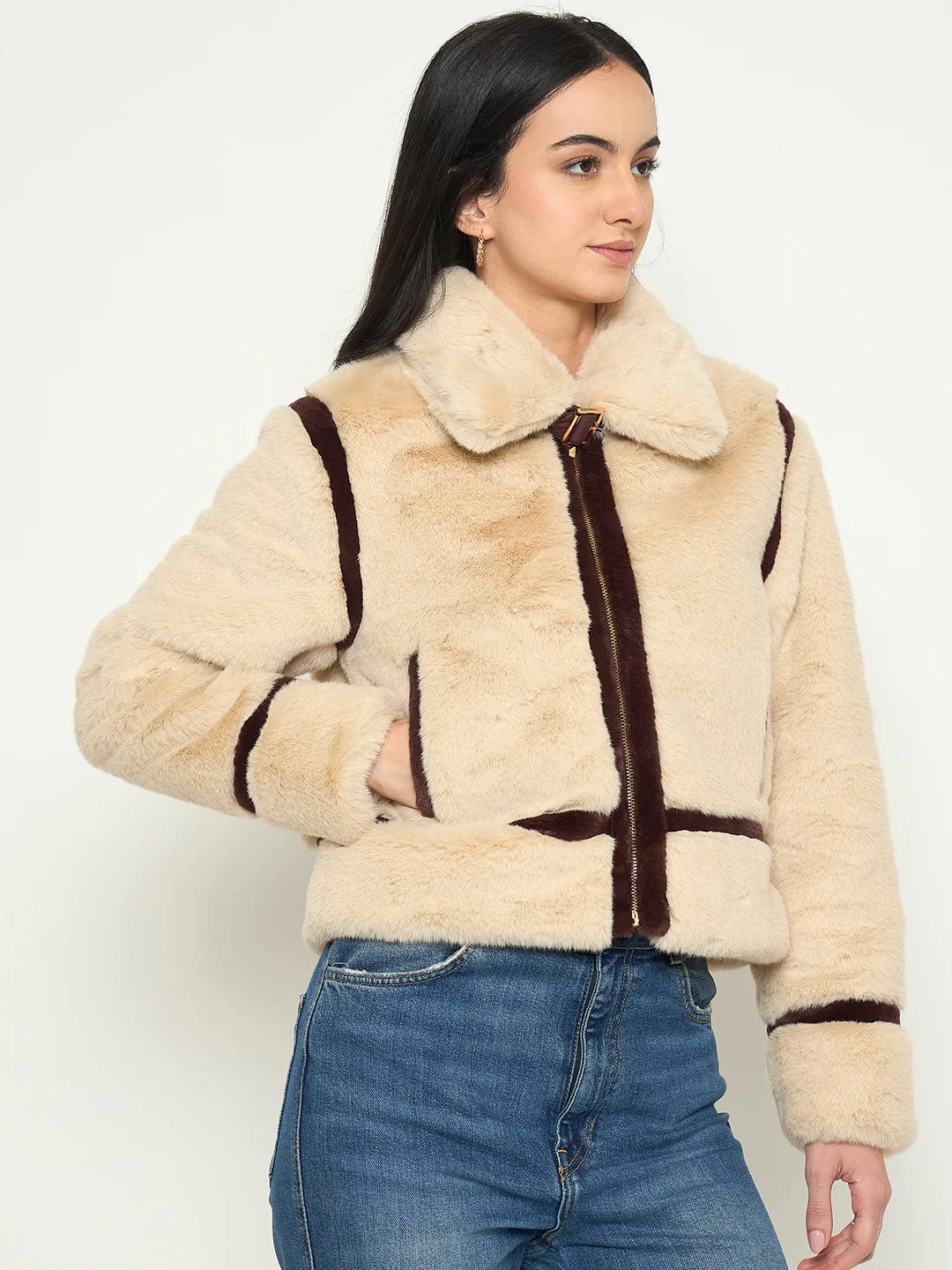 Madame Faux Fur Trim Beige Jacket with Contrast Seasms - Image 4