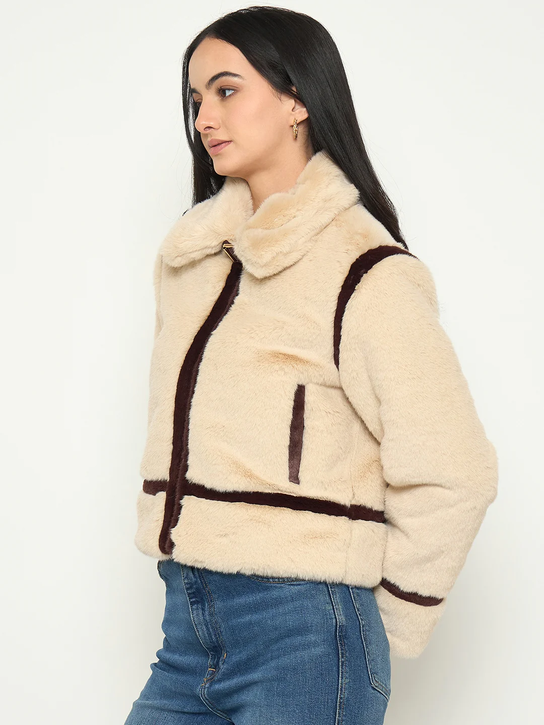 Madame Faux Fur Trim Beige Jacket with Contrast Seasms - Image 5