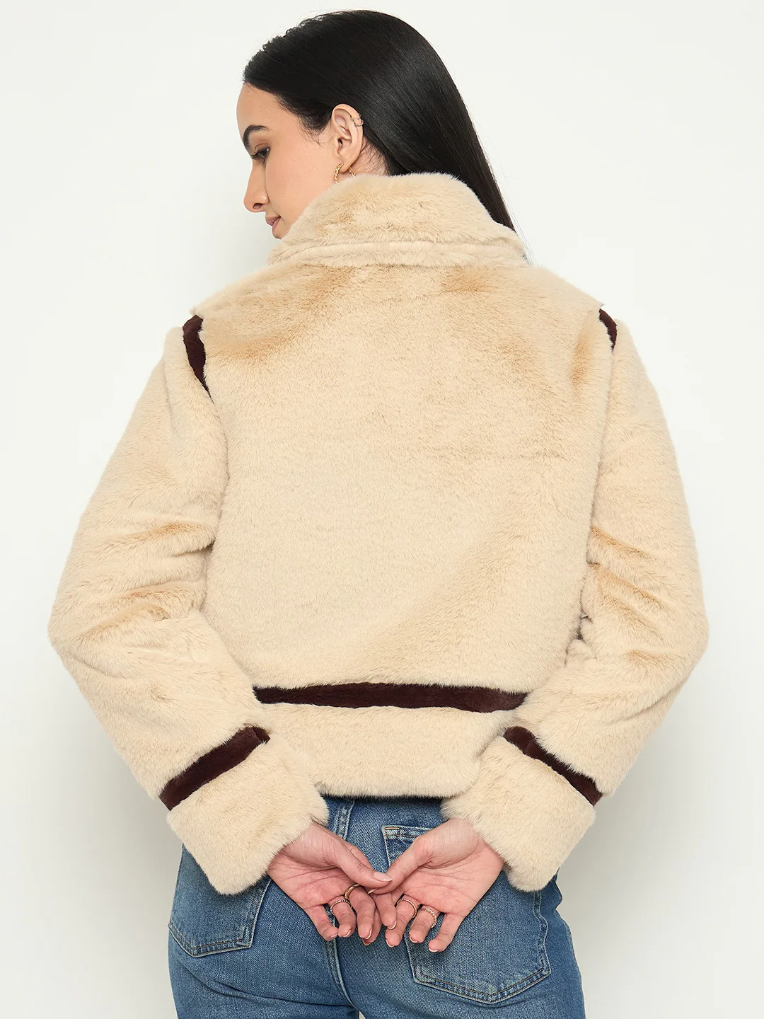 Madame Faux Fur Trim Beige Jacket with Contrast Seasms - Image 6