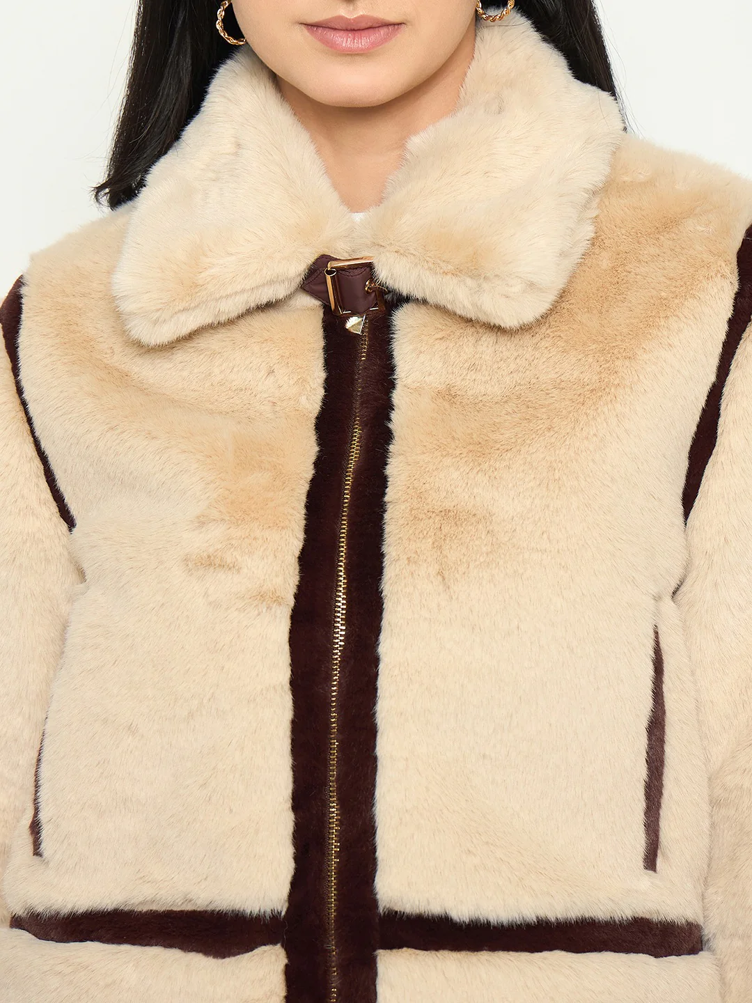 Madame Faux Fur Trim Beige Jacket with Contrast Seasms - Image 7
