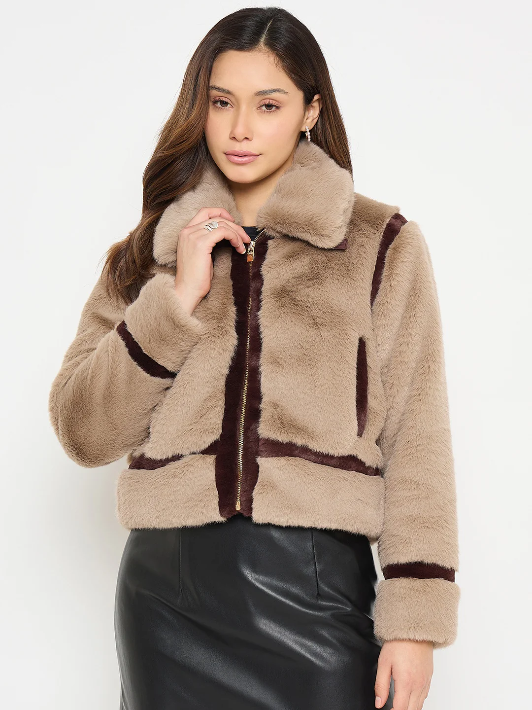 Madame Faux Fur Trim Brown Jacket with Contrast Seams