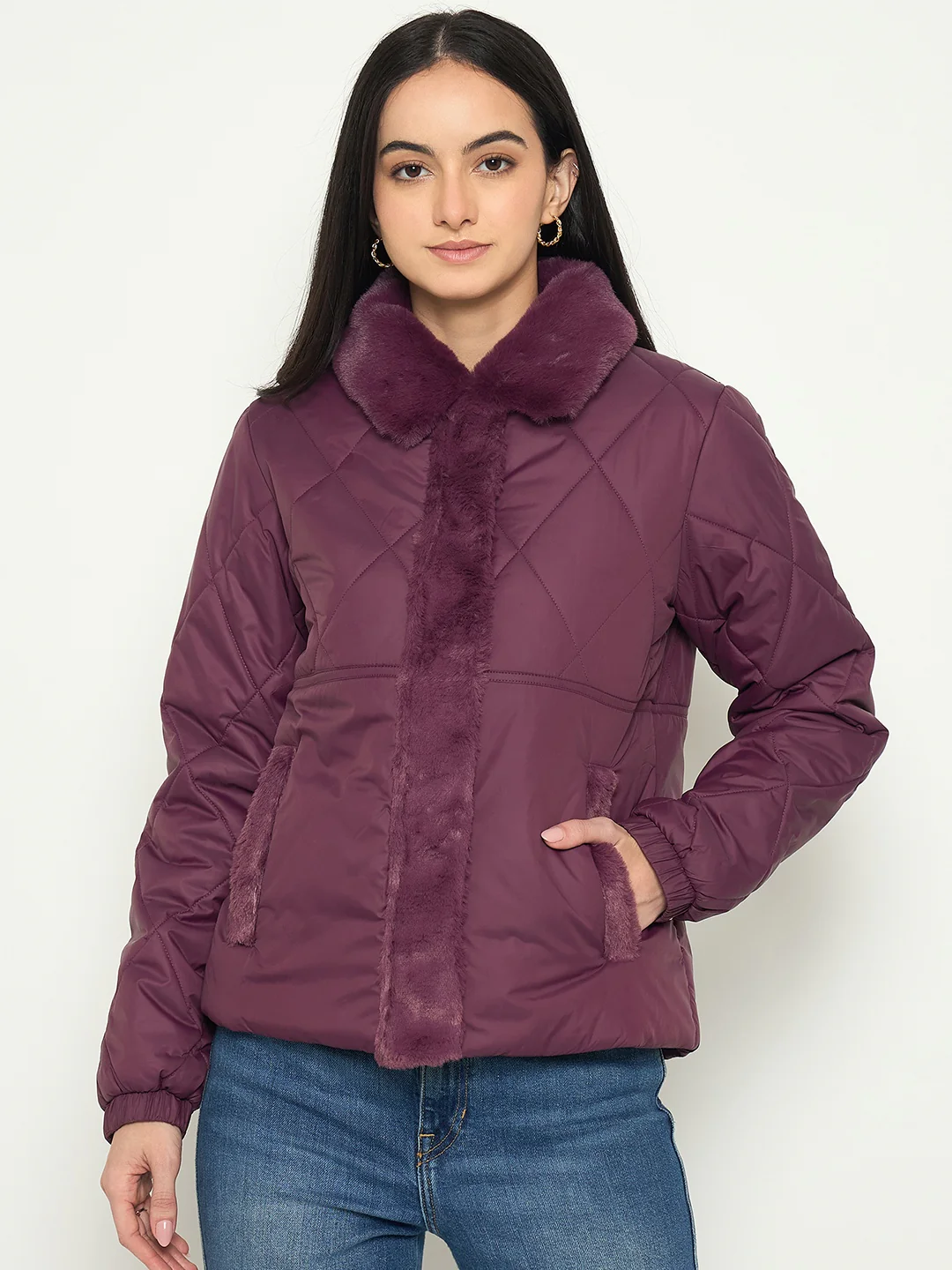 Madame Plum Quilted Faux Fur Collar Jacket