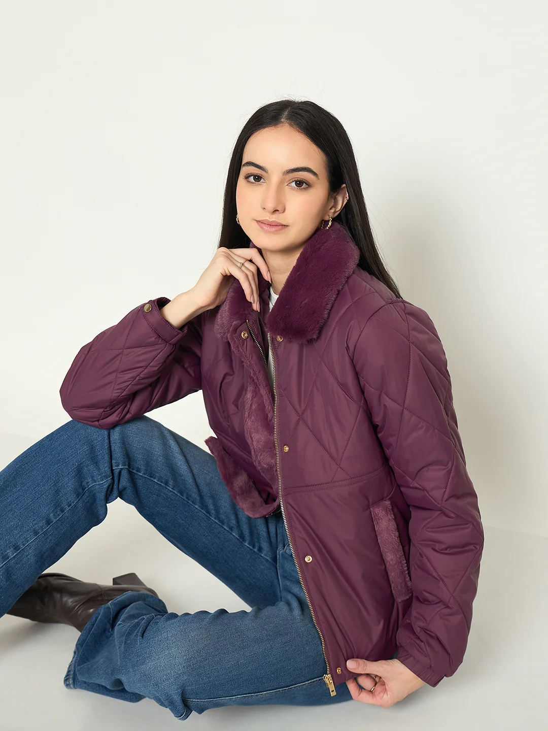 Madame Plum Quilted Faux Fur Collar Jacket - Image 2