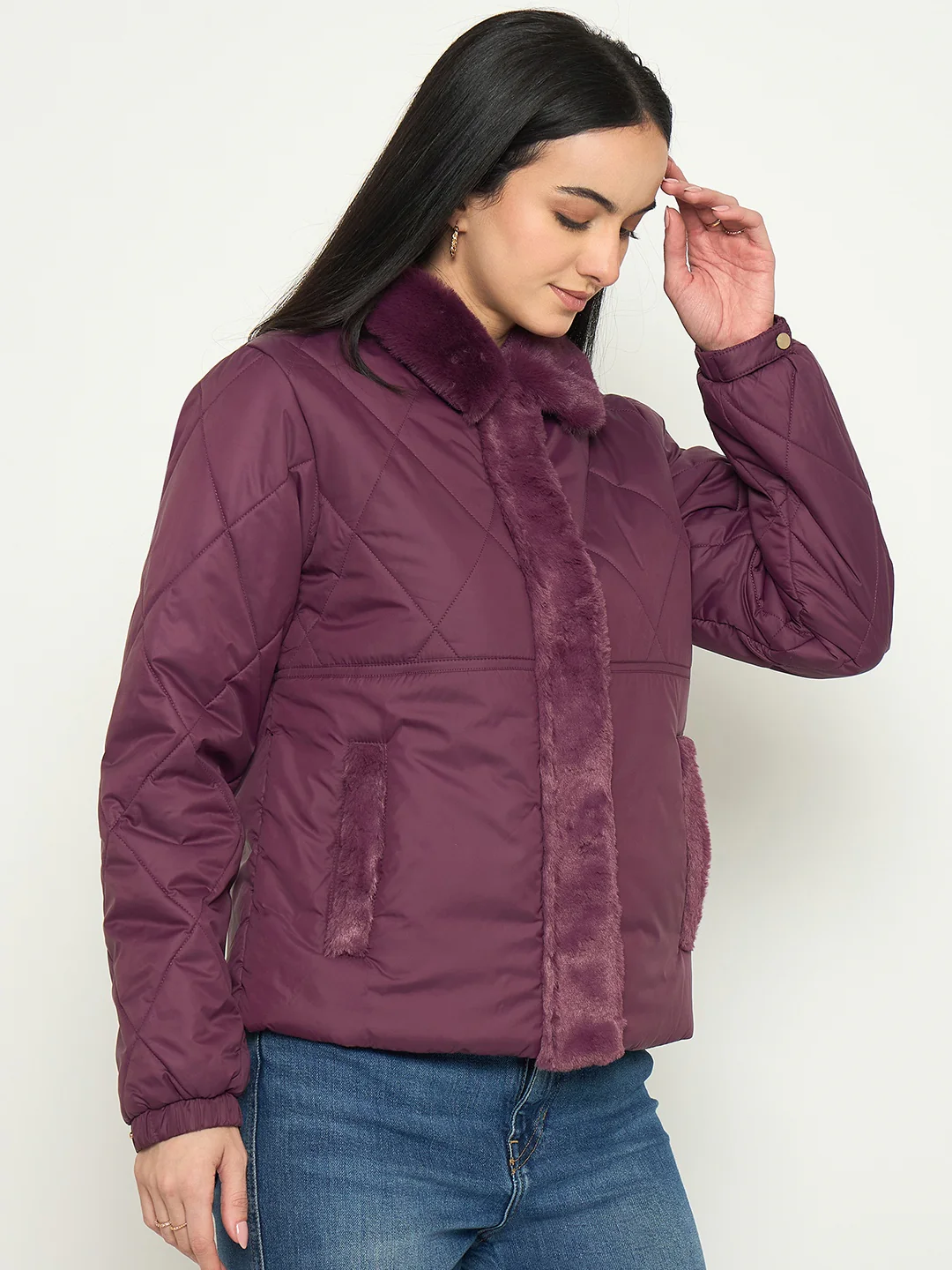 Madame Plum Quilted Faux Fur Collar Jacket - Image 4
