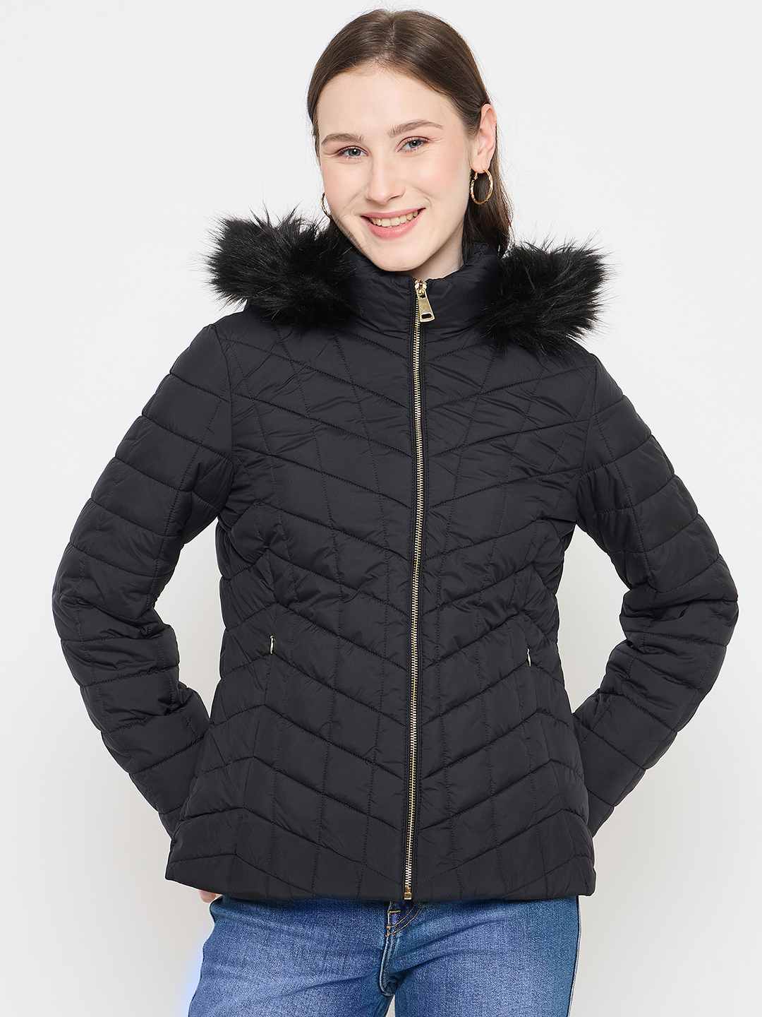 Madame Black Quilted Fur Hood Jacket - Image 3