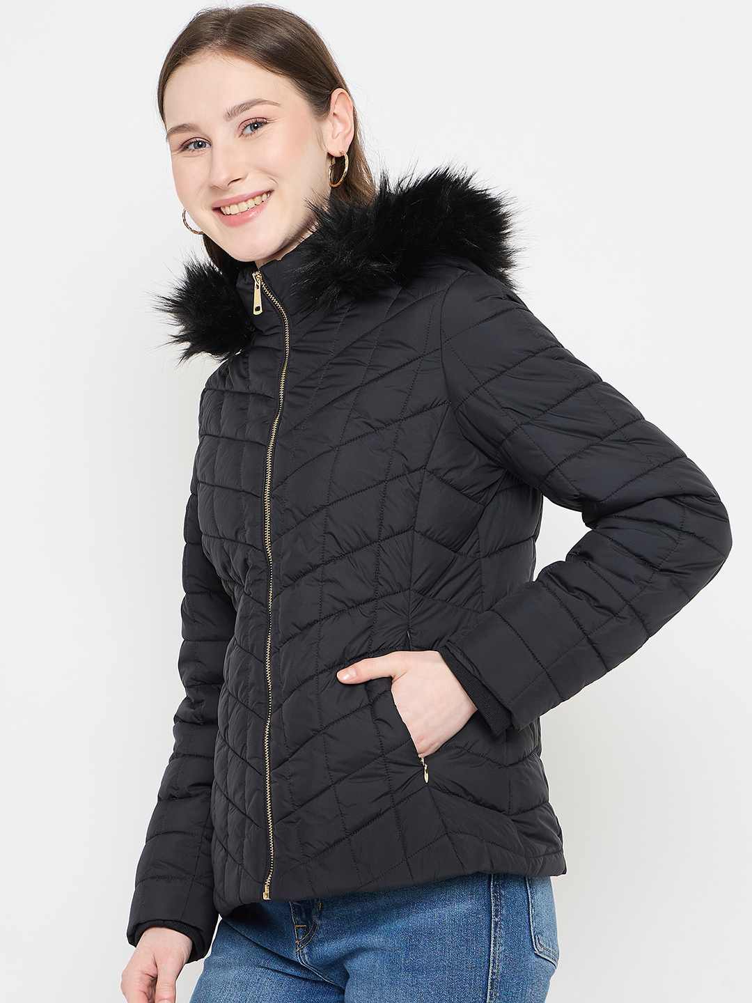 Madame Black Quilted Fur Hood Jacket - Image 5